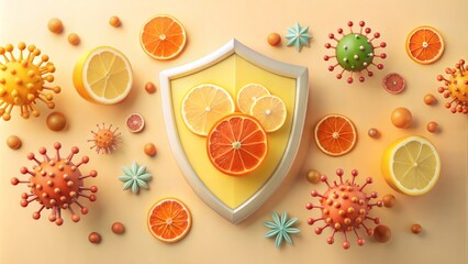 Shield with Citrus and Viruses on Beige Background, Immune System Concept