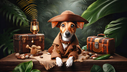 dog dressed like an explorer in the jungle