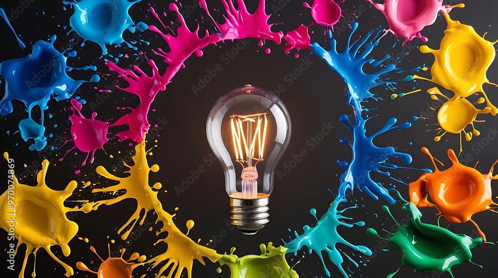 Poster the creative design of an abstract image of a light bulb in the foreground and rainbow colors splash