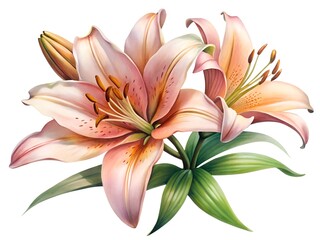 bouquet of lilies, illustration of lily flowers isolated on white