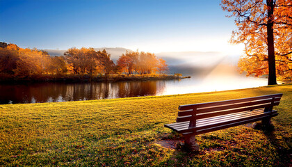 Parkbank in Herbstlandschaft 