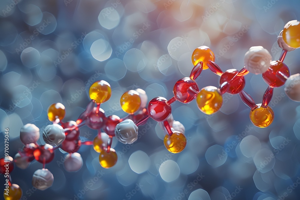 Poster vibrant molecular structure with colorful atoms against a soft bokeh background