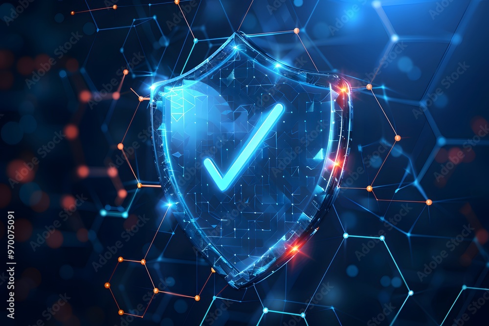 Poster digital shield with checkmark symbolizing security and protection
