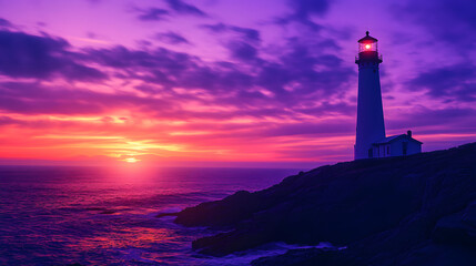 Fototapeta premium A lighthouse standing tall on a rocky cliff silhouetted against a dramatic sunset with the sky filled with deep purples and fiery oranges guiding ships safely through the night.