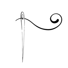 Vintage needle with thread. Sewing fashion, retro style for stitch, dressmaker, hobby and craft. Graphic vector line, hand drawn, black silhouette for cricut