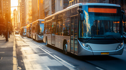 Fototapeta premium A line of electric buses transporting commuters during rush hour in a busy downtown area with sleek modern designs.