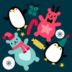 Christmas animals set penguin and bears pattern for wrapping paper
