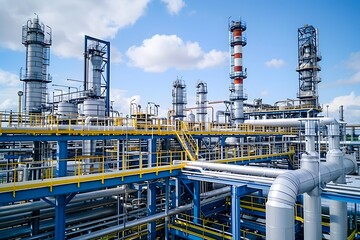 Industrial Complex with Towers and Pipelines Under a Blue Sky