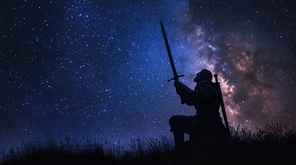 Silhouette of a kneeling warrior with a sword raised to the starry sky.