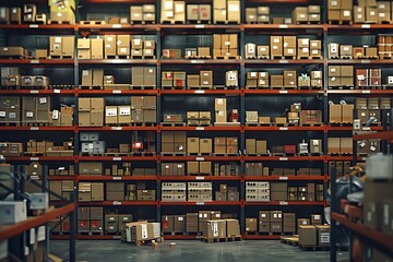 Organized Warehouse with Stacked Boxes and Shelves