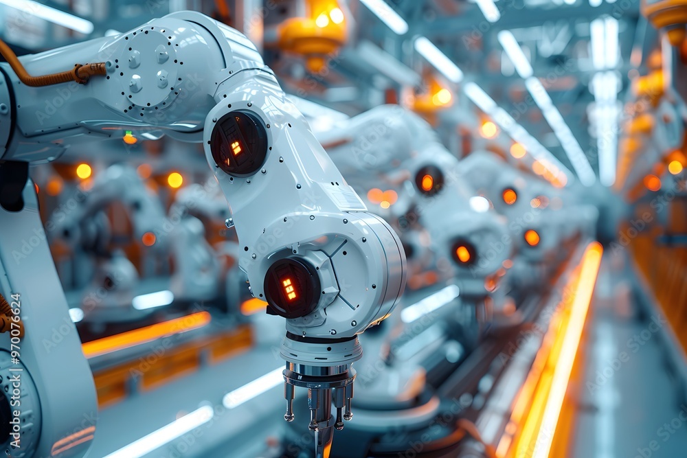Poster advanced robotic arm in a high-tech manufacturing environment