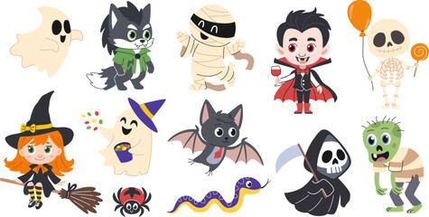 Halloween characters and animals set. Cute ghosts, werewolf, vampire, zombie, mummy, witch and skeleton. Halloween spider, snake, bat. White background