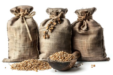 Burlap Sacks of Grain with Spilled Wheat in a Wooden Bowl