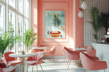 Fototapeta premium This cozy family cafe boasts retro-inspired tables and soft pastel seating, creating a welcoming ambiance