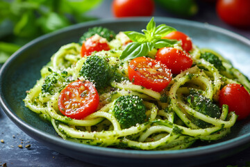 Delicious homemade zucchini spaghetti topped with fresh cherry tomatoes and fragrant pesto sauce