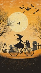Fototapeta premium A witch rides her bicycle with a cat in the basket, passing through a graveyard at dusk, greeted by cheerful skeletons