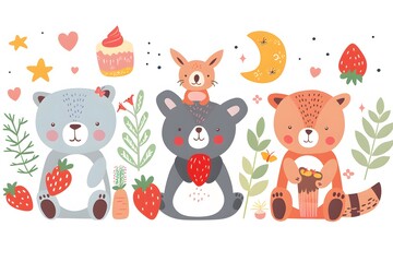 Naklejka premium Adorable Forest Friends Enjoying Strawberries and Treats