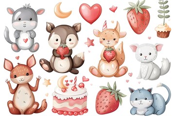 Naklejka premium Adorable Animal Illustrations with Hearts and Strawberries