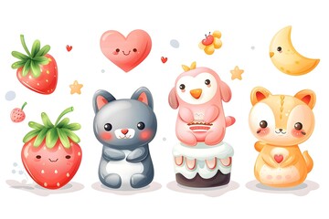 Fototapeta premium Adorable Cartoon Animals and Sweet Treats in a Whimsical Scene