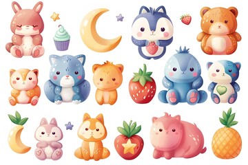 Fototapeta premium Adorable Cartoon Animals and Sweet Treats in a Colorful Design