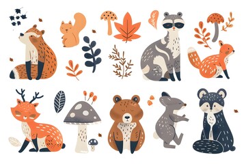 Fototapeta premium Whimsical Forest Creatures and Foliage in Warm Autumn Tones