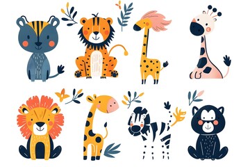Fototapeta premium Adorable Cartoon Animals in a Colorful Jungle Scene