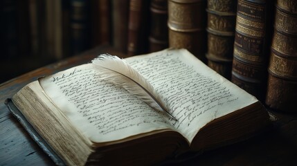 Fototapeta premium A solitary white quill lying on an open book in a library, symbolizing writing and knowledge