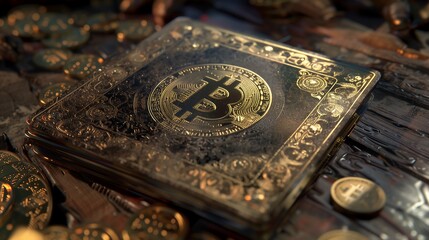 Bitcoin Symbol on Antique Gold Plate - アンティークゴールドプレートのビットコインシンボル.Generative AI