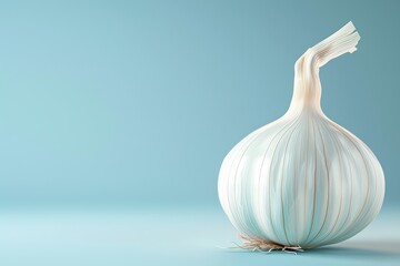 A close-up of a fresh garlic bulb on a smooth blue background, highlighting its unique texture and shape.