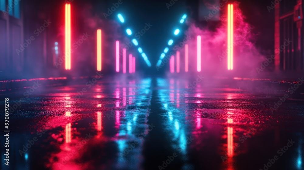 Wall mural Neon Lights Reflecting on Wet Pavement