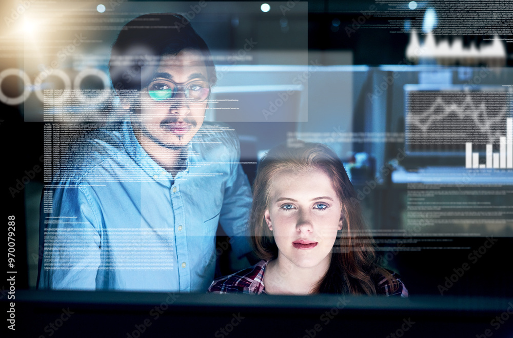 Poster Team, people and coding overlay at night for web research, software programmer and digital interface. Staff, it and futuristic hub with dashboard programming, interactive code and computing deadline