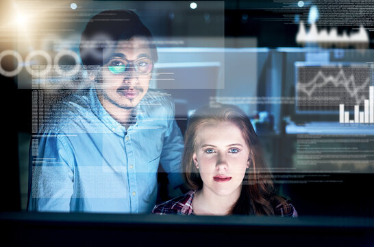Team, people and coding overlay at night for web research, software programmer and digital interface. Staff, it and futuristic hub with dashboard programming, interactive code and computing deadline