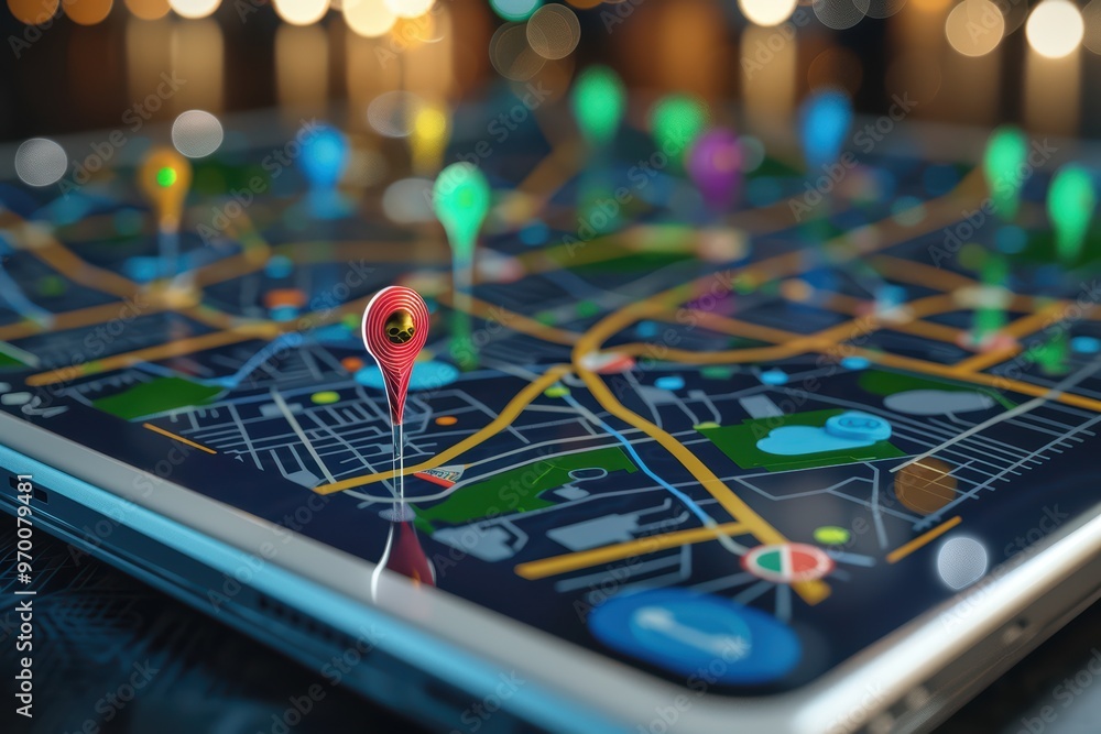 Poster a close-up view of a digital map with colorful location pins on a smartphone, symbolizing navigation