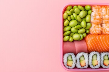 Sushi bento box with edamame, shrimp, salmon, and avocado rolls on pink background, ideal for promoting healthy eating, Japanese cuisine, food photography, and creative marketing materials 