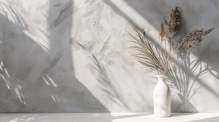 Dried Palm Tree Branch: In a transparent vase with shadows against a concrete wall. Minimal aesthetic floral background with copy space for text.