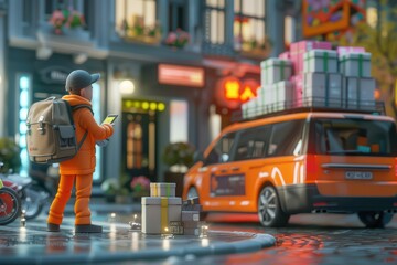 Fototapeta premium A delivery person stands in an urban setting, checking their phone next to a delivery van loaded with colorful packages and gifts.