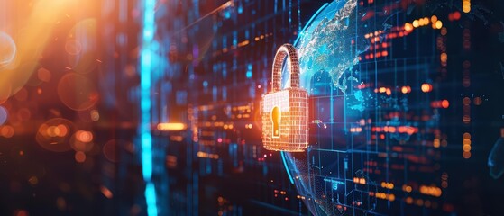 A digital lock symbolizes cybersecurity, representing online protection and data security against cyber threats.
