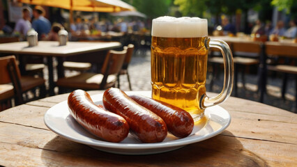 Cold beer with delicious grilled sausages on a table in a street cafe at a German beer festival