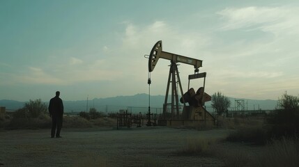 Naklejka premium Lone Figure Gazing at an Oil Derrick in a Desert Landscape