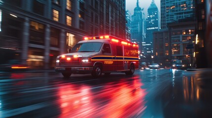 Emergency vehicle driving through city streets at night.