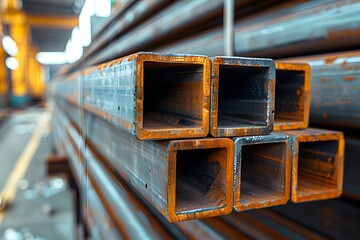 Obraz premium Close-Up of Industrial Steel Square Tubes in a Warehouse Setting