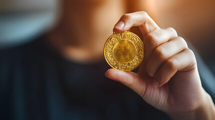 A person holding a gold medal with a look of pride and satisfaction symbolizing ultimate success.