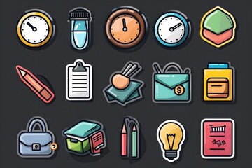 Colorful Icons Representing Office and Study Essentials