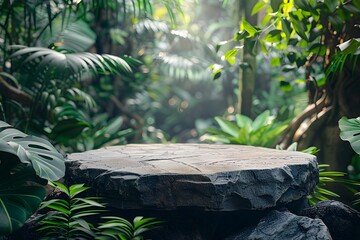 Serene Stone Platform Surrounded by Lush Jungle Foliage