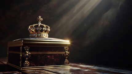 A majestic crown resting on an ornate chest, illuminated by soft rays of light, symbolizing royalty and treasure.
