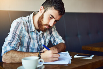Coffee shop, writing and man with documents for stock inventory, menu items and checklist....