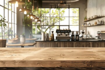 Obraz premium A modern coffee shop interior featuring a wooden table, bright windows, and stylish decor that creates a warm ambiance.