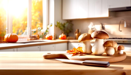 Steinpilze auf Schneidebrett in einer herbstlich dekorierten K&uuml;che 