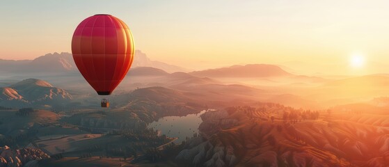 Obraz premium A scenic hot air balloon soaring above lush valleys during a stunning sunrise, capturing the beauty of nature.