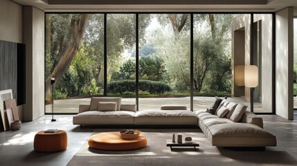 Fototapeta premium Modern Sectional Sofa in a Minimalist Living Room with Garden Views